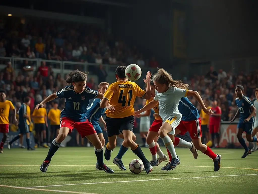 A lively scene of players competing in a local football tournament with spectators cheering, highlighting local football events and tournaments.