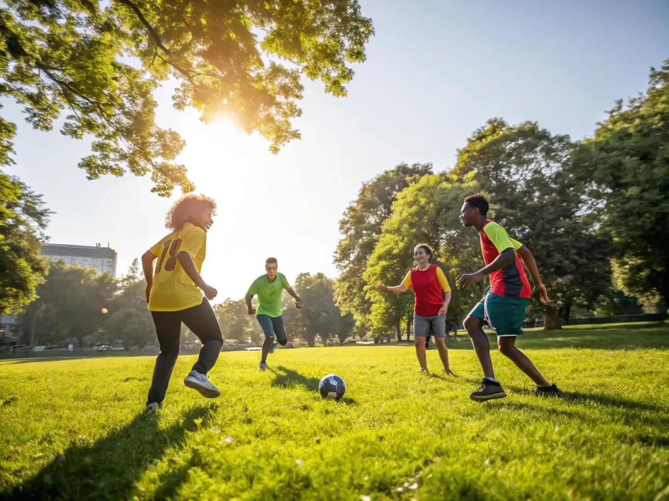 An image showing adults playing football in a relaxed, recreational setting. The players are smiling and enjoying the game, emphasizing the fun and social aspects of the program. The background features a community park.
