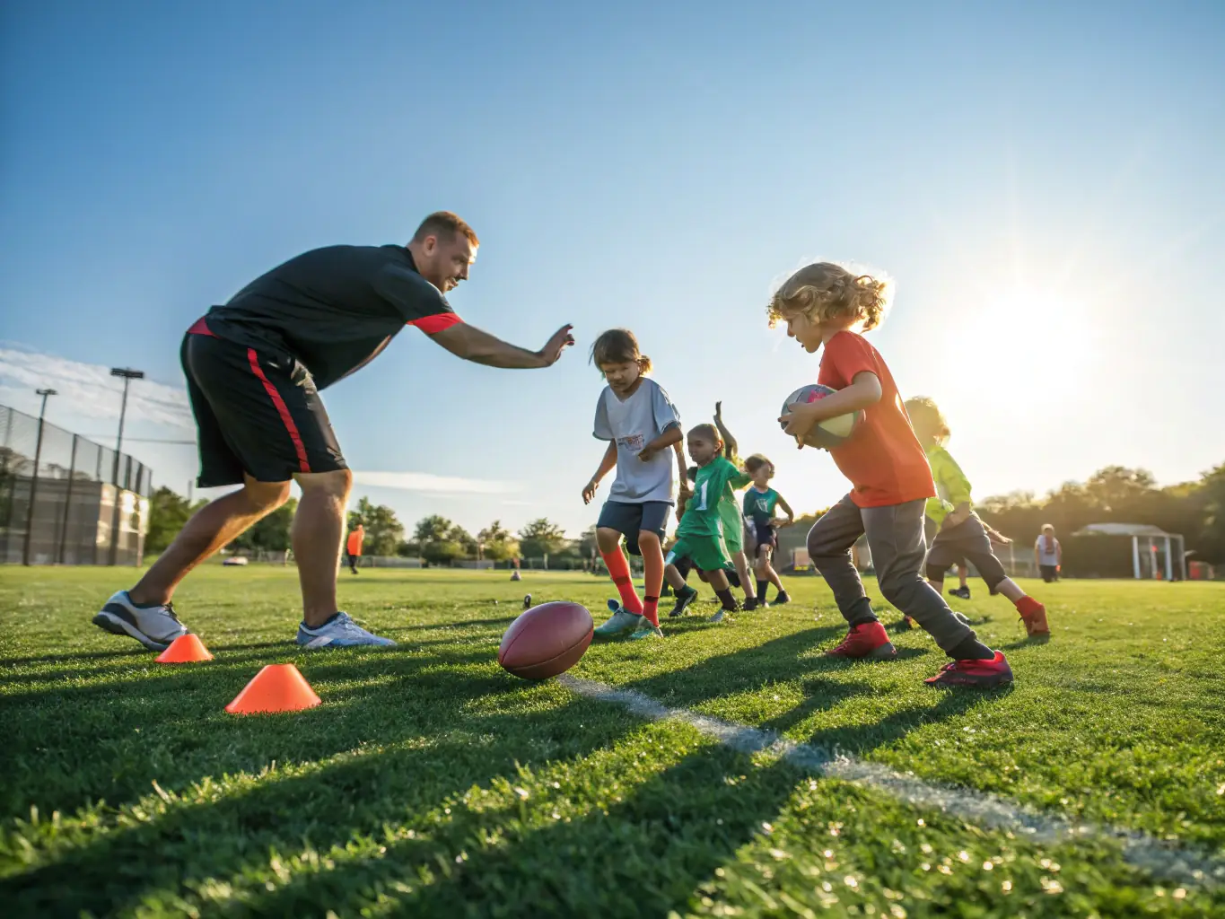A vibrant image depicting young children participating in a football training session, showcasing their enthusiasm and teamwork under the guidance of a coach. The background includes a well-maintained football field and supportive parents.