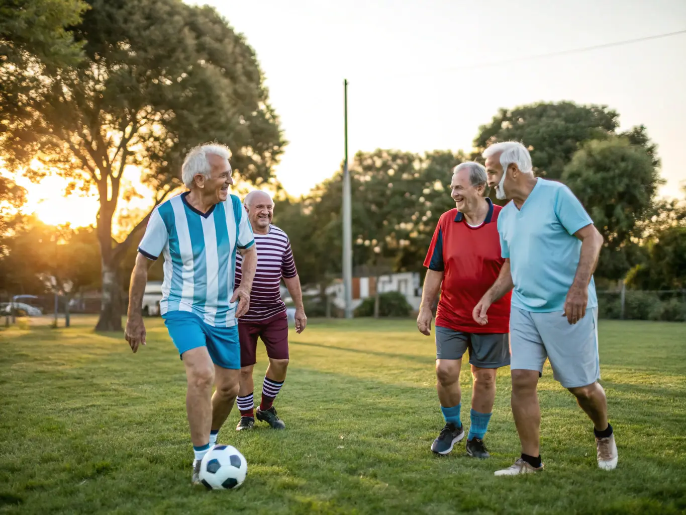 Adults playing a friendly match on the field, smiling and enjoying the game, representing adult recreational football.